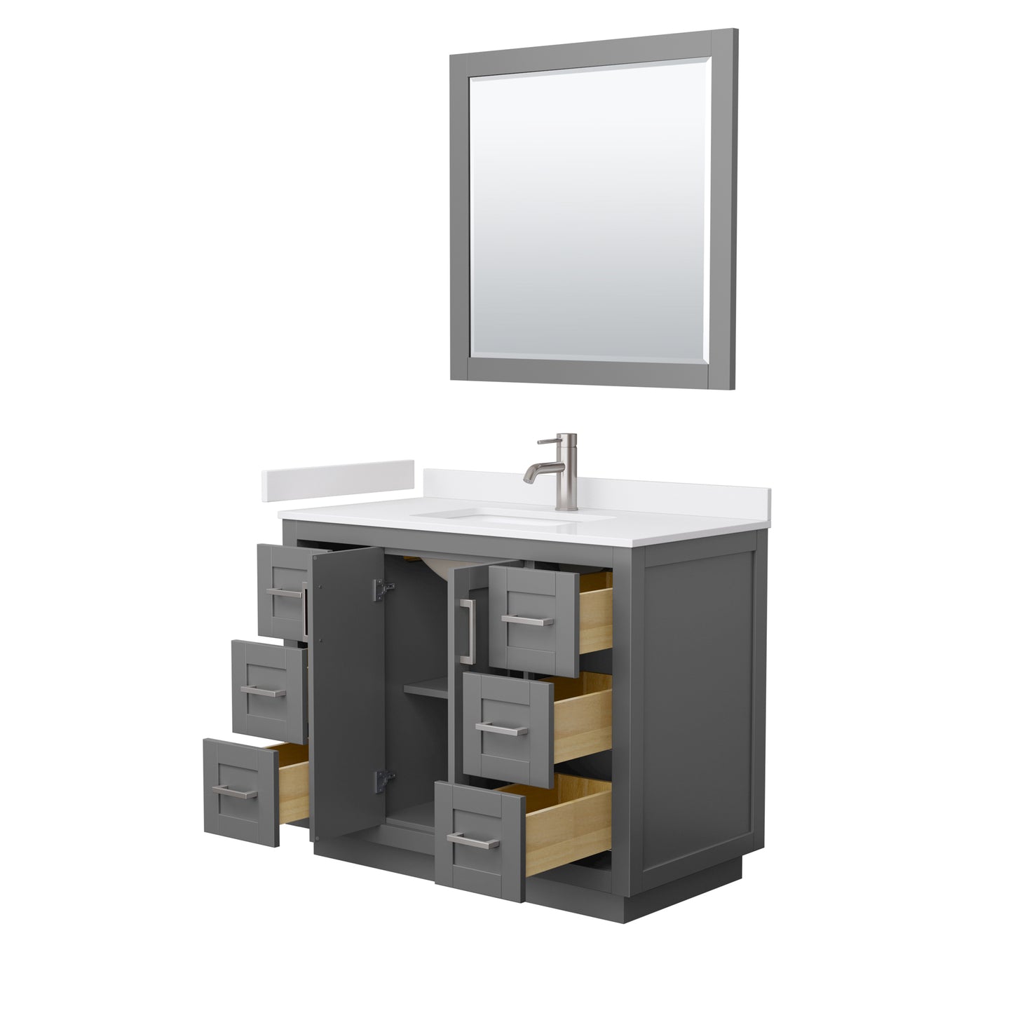 Miranda 42" Dark Gray Single Vanity, White Marble Top, Nickel Trim, 34" Mirror