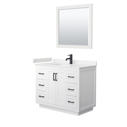 Miranda 42" Single Vanity in White, Carrara Marble Top, Black Trim, 34" Mirror