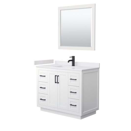 Miranda 42" Single Vanity in White, White Marble Top, Black Trim, 34" Mirror