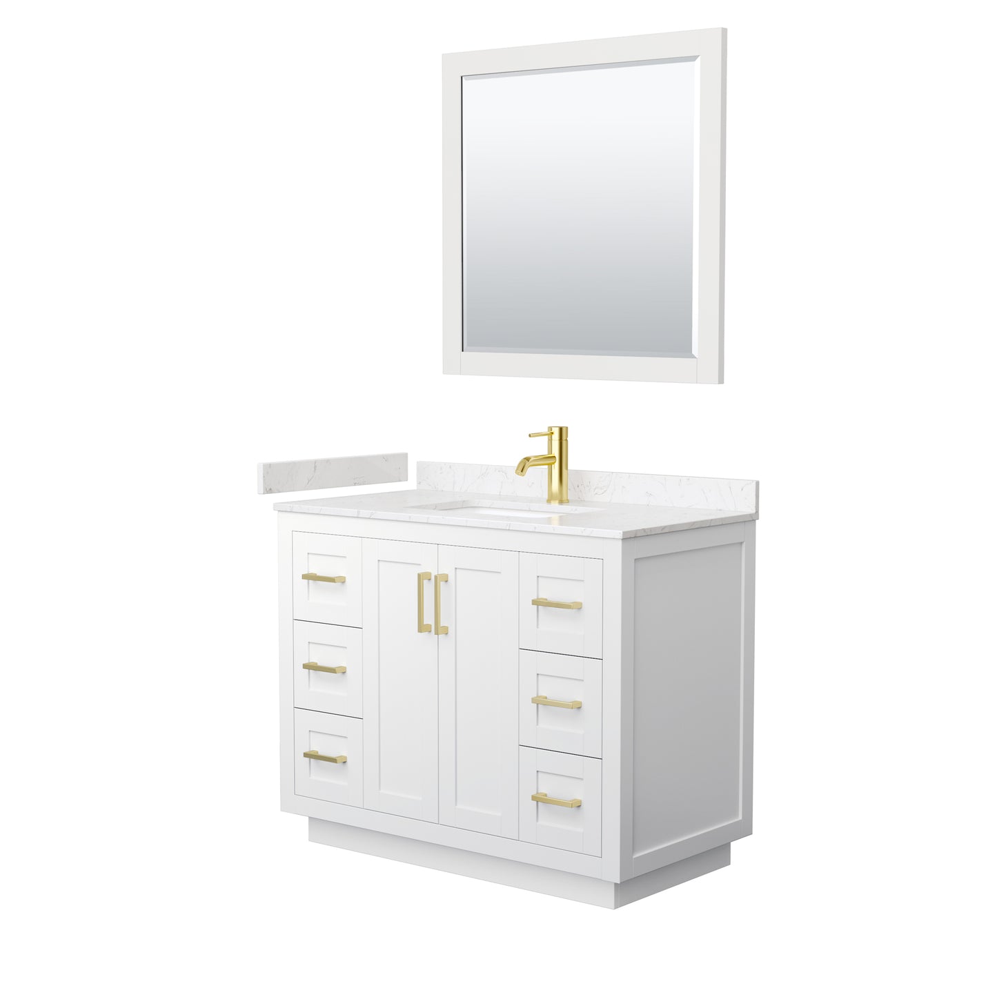 Miranda 42" Single Vanity in White, Carrara Marble Top, Gold Trim, 34" Mirror