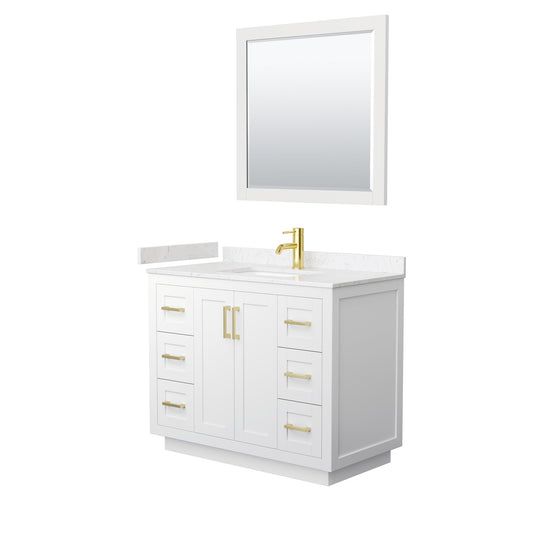 Miranda 42" Single Vanity in White, Carrara Marble Top, Gold Trim, 34" Mirror