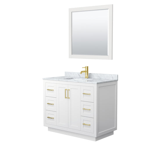 Miranda 42" Single Vanity in White, Top, Square Brushed Gold Trim, 34" Mirror