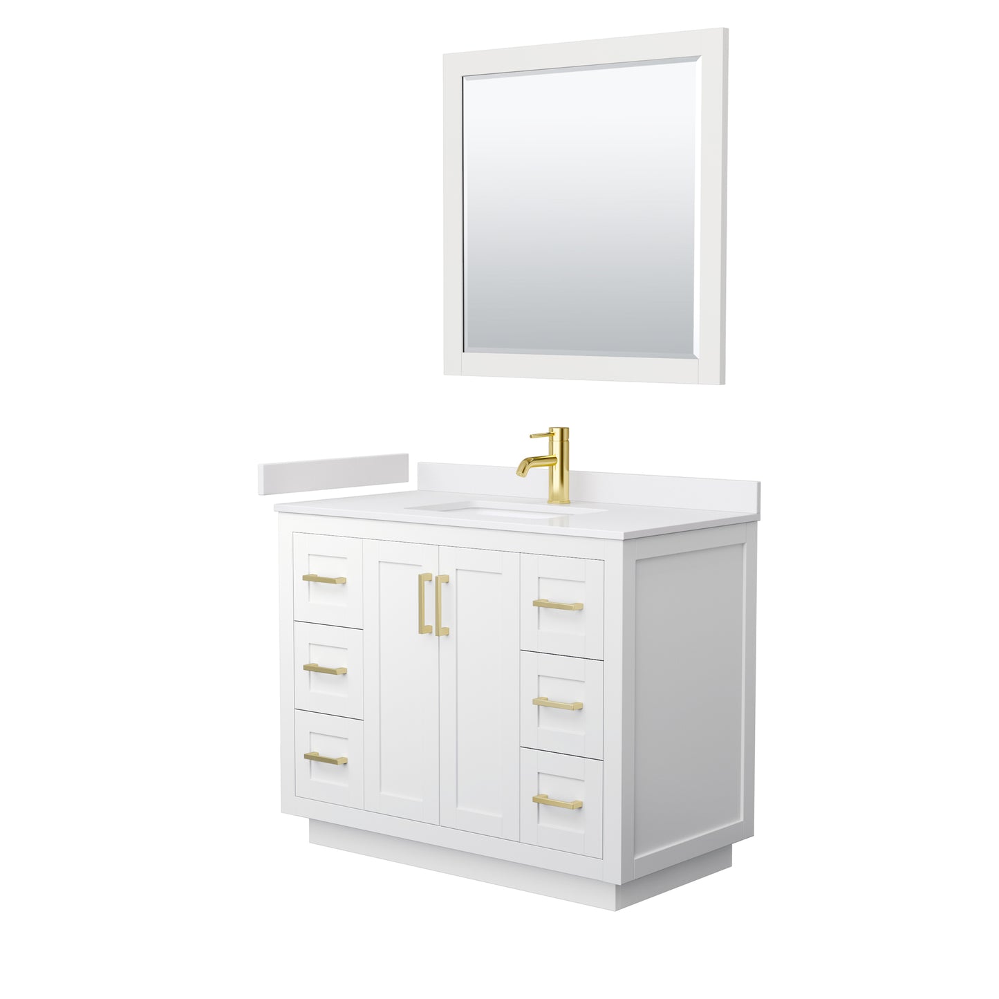 Miranda 42" Single Vanity in White, White Marble Top, Gold Trim, 34" Mirror