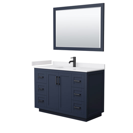 Miranda 48" Single Vanity in Dark Blue, White Marble Top, Black Trim, 46" Mirror