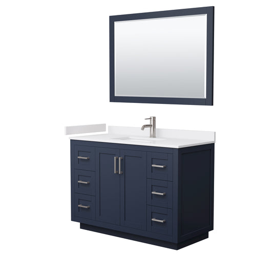 Miranda 48" Dark Blue Single Vanity, White Marble Top, Nickel Trim, 46" Mirror