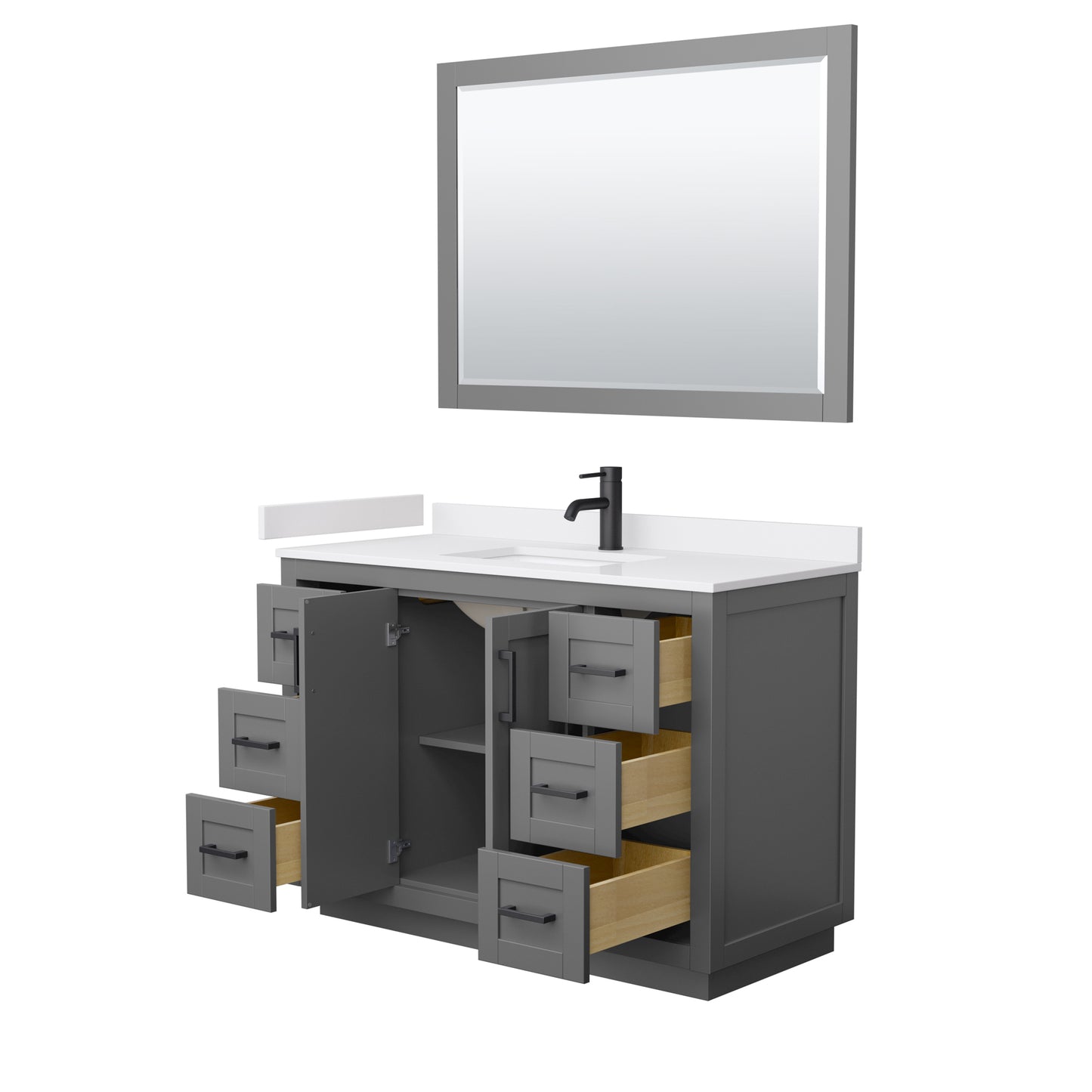 Miranda 48" Single Vanity in Dark Gray, White Marble Top, Black Trim, 46" Mirror