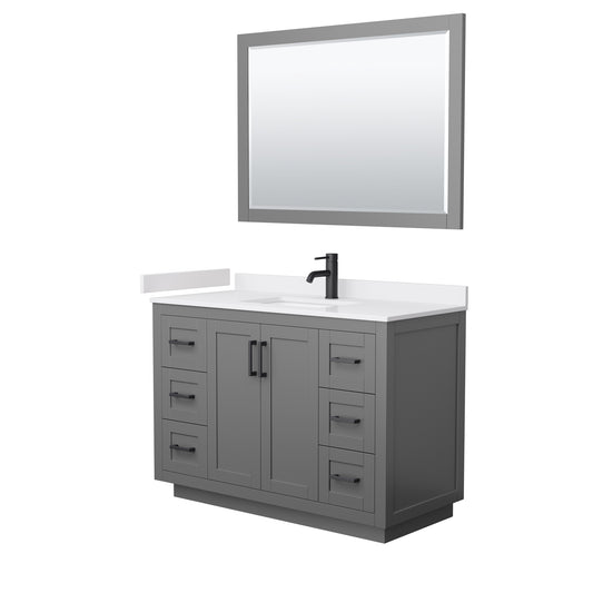 Miranda 48" Single Vanity in Dark Gray, White Marble Top, Black Trim, 46" Mirror