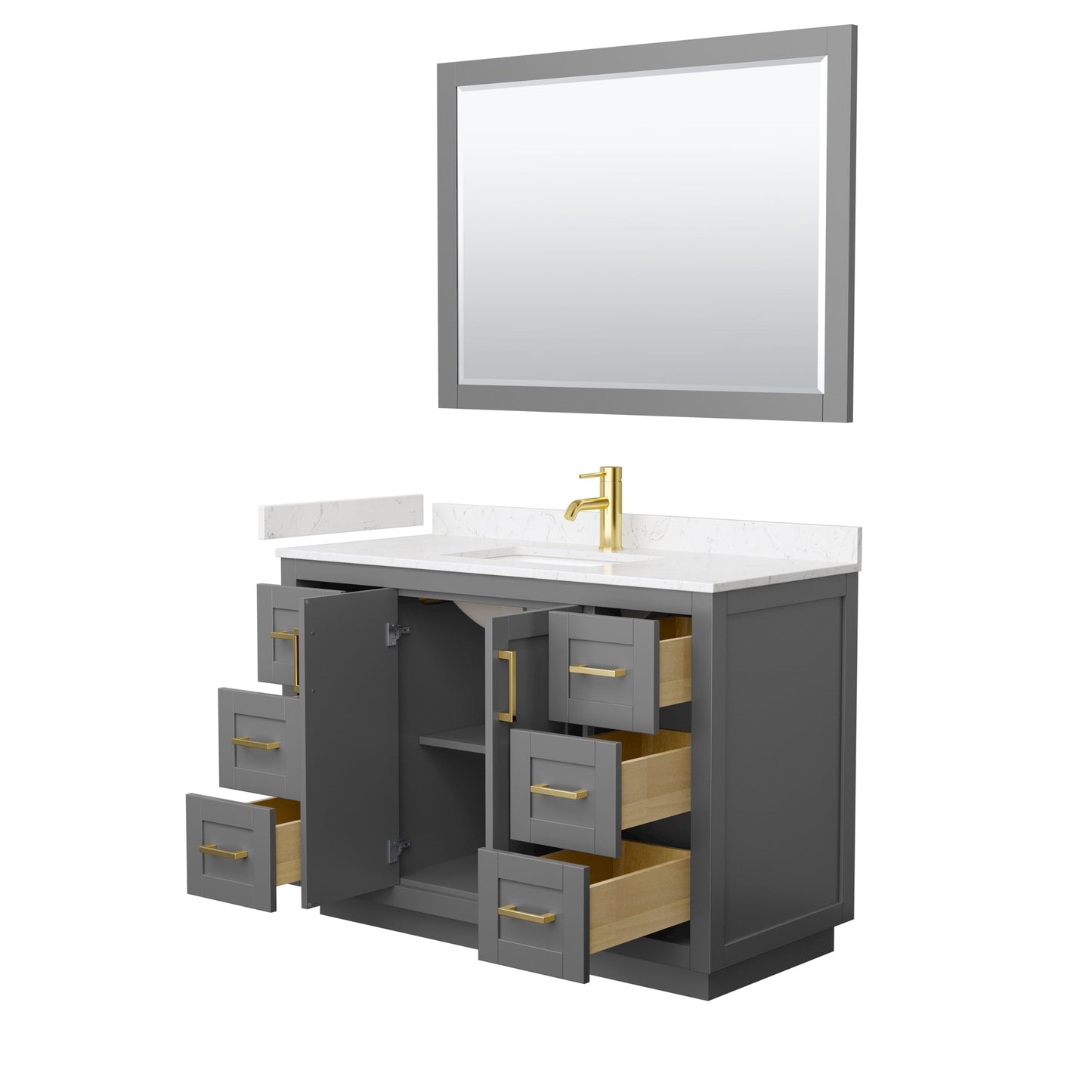 Miranda 48" Dark Gray Single Vanity, Carrara Marble Top, Gold Trim, 46" Mirror