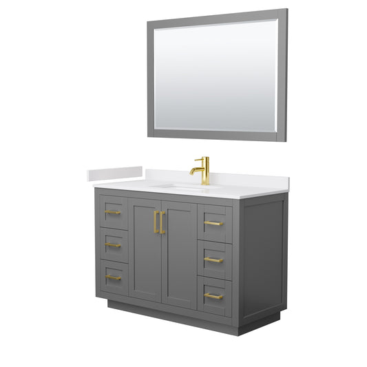 Miranda 48" Single Vanity in Dark Gray, White Marble Top, Gold Trim, 46" Mirror