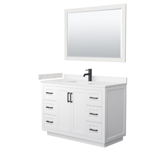 Miranda 48" Single Vanity in White, Carrara Marble Top, Black Trim, 46" Mirror
