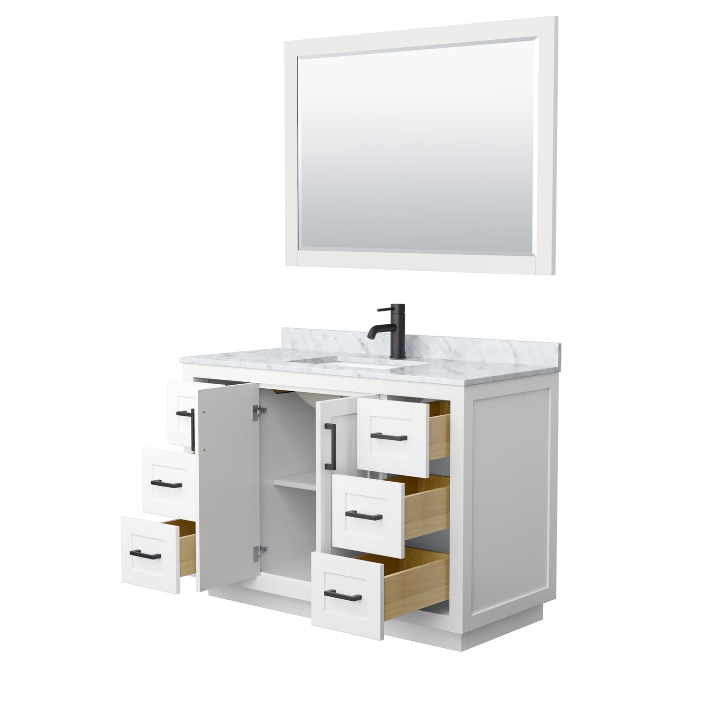 Miranda 48" Single Vanity in White, Top, Square Matte Black Trim, 46" Mirror