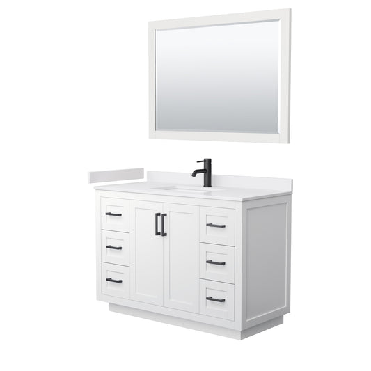 Miranda 48" Single Vanity in White, White Marble Top, Black Trim, 46" Mirror