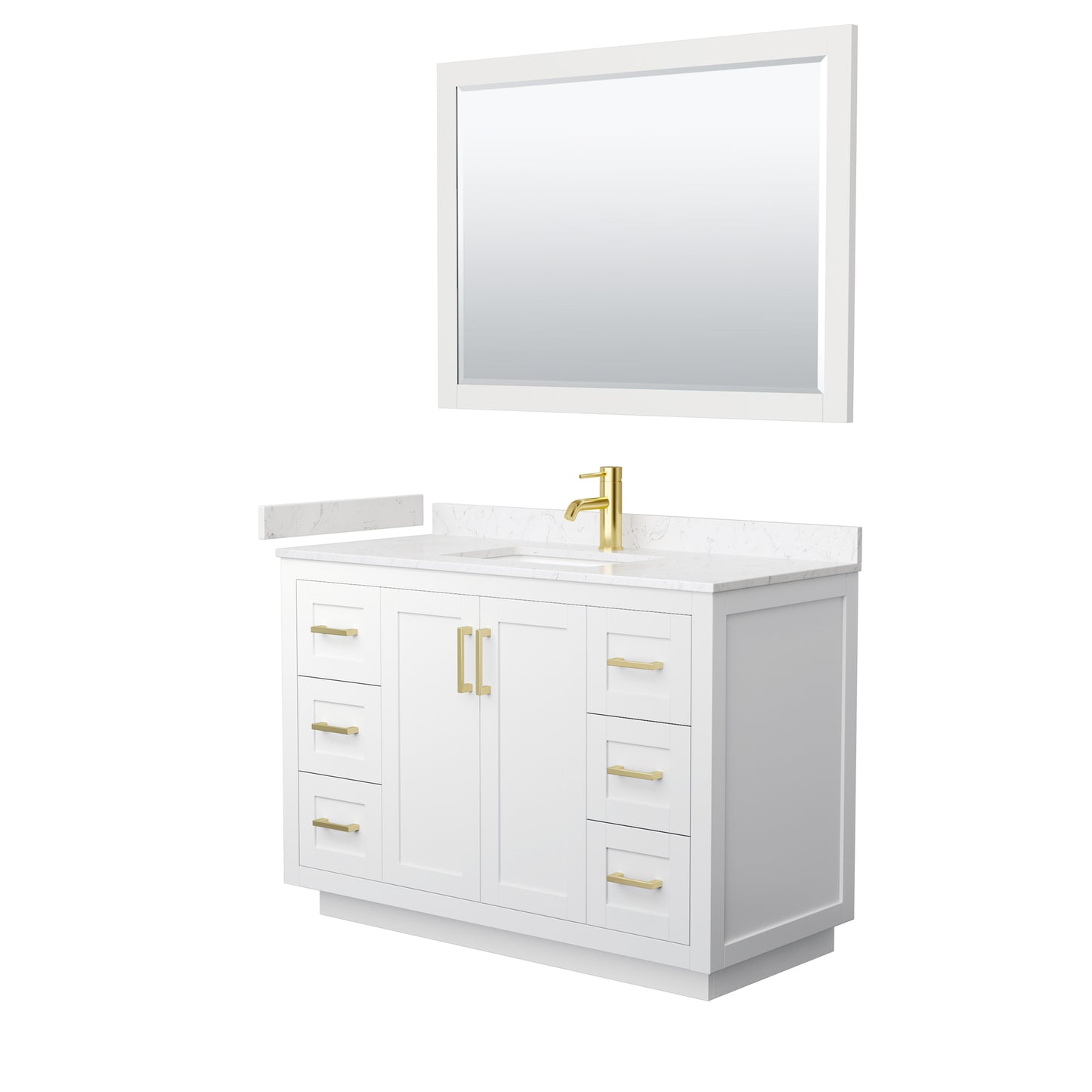 Miranda 48" Single Vanity in White, Carrara Marble Top, Gold Trim, 46" Mirror