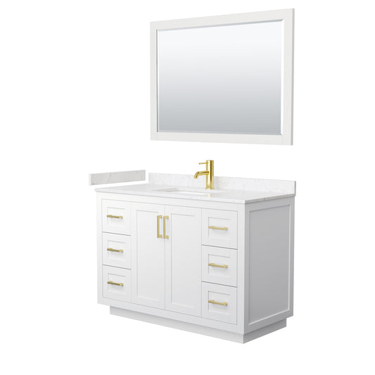 Miranda 48" Single Vanity in White, Carrara Marble Top, Gold Trim, 46" Mirror