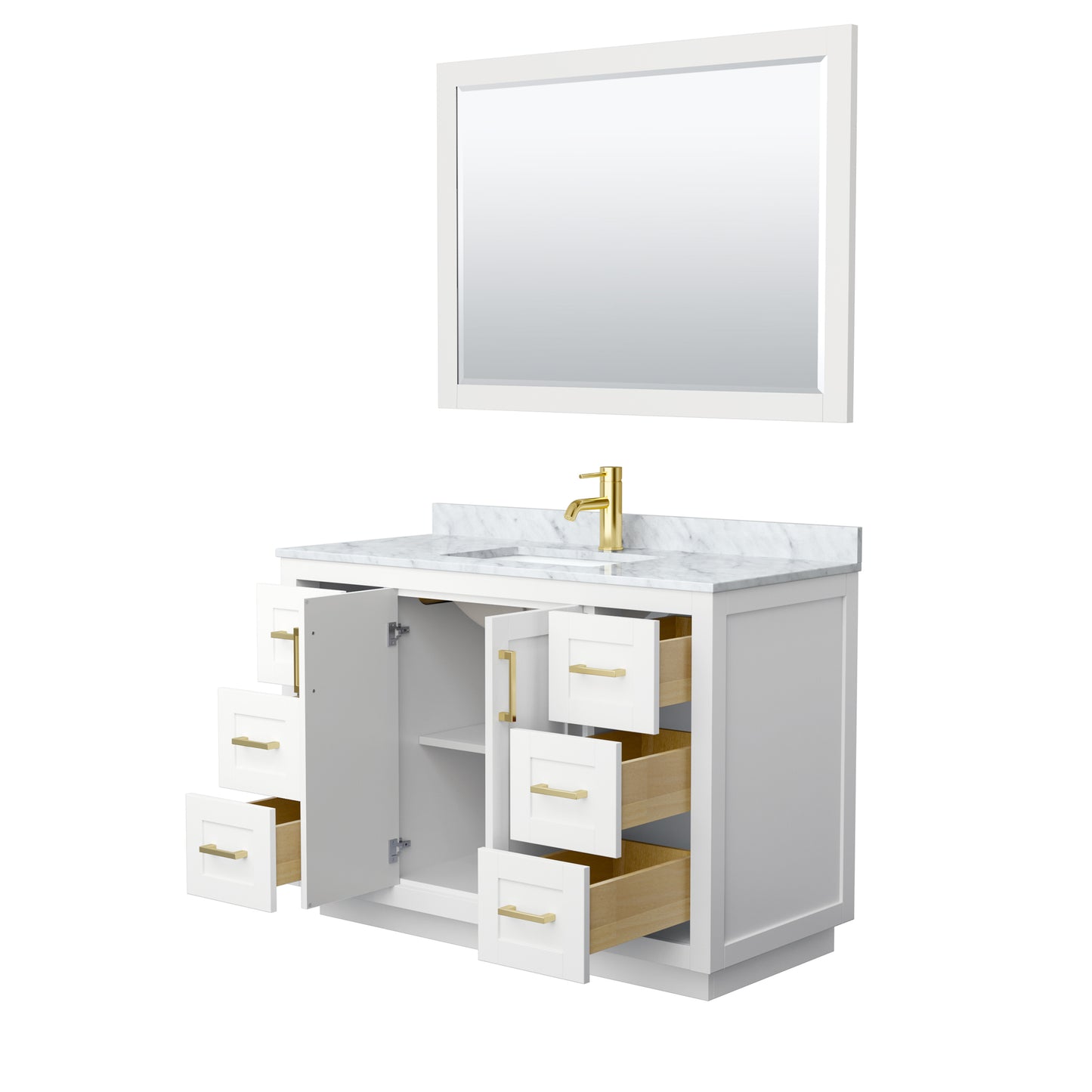 Miranda 48" Single Vanity in White, Top, Square Brushed Gold Trim, 46" Mirror