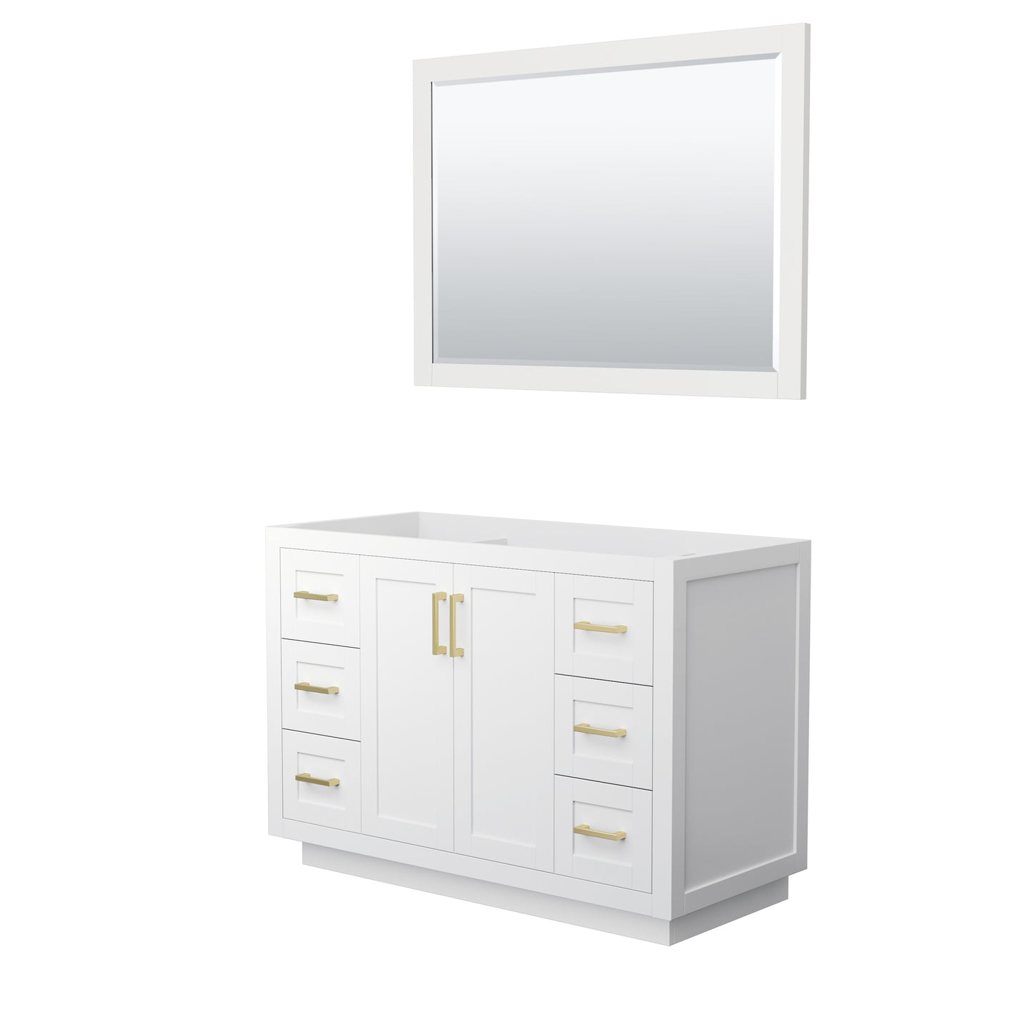 Miranda 48" Single Vanity in White, No Top, Bruished Gold Trim, 46" Mirror