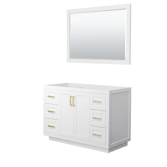 Miranda 48" Single Vanity in White, No Top, Bruished Gold Trim, 46" Mirror