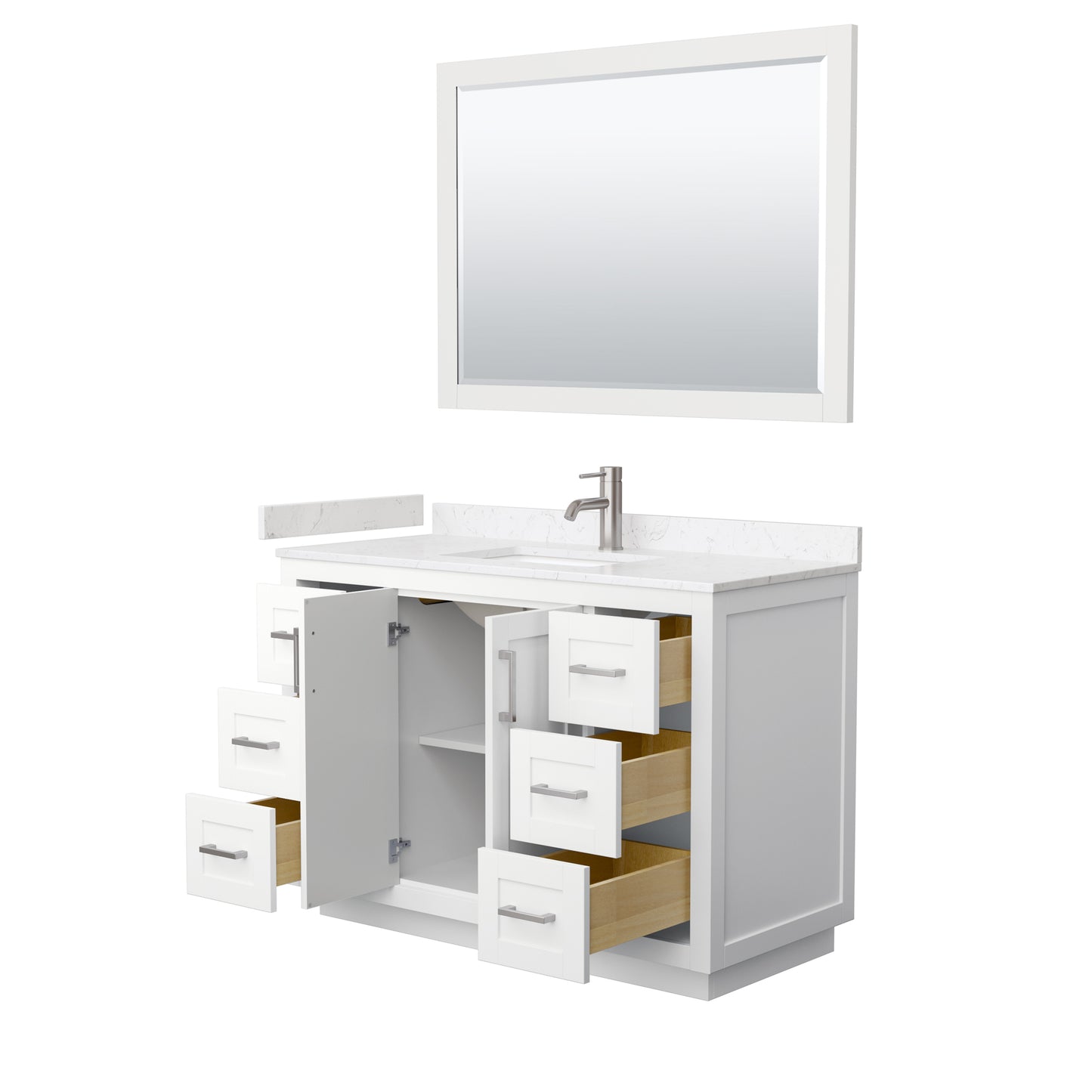 Miranda 48" Single Vanity in White, Carrara Marble Top, Nickel Trim, 46" Mirror