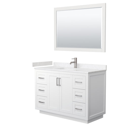 Miranda 48" Single Vanity in White, Carrara Marble Top, Nickel Trim, 46" Mirror