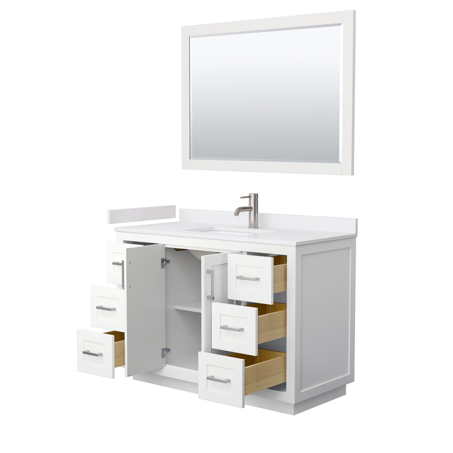 Miranda 48" Single Vanity in White, White Marble Top, Nickel Trim, 46" Mirror