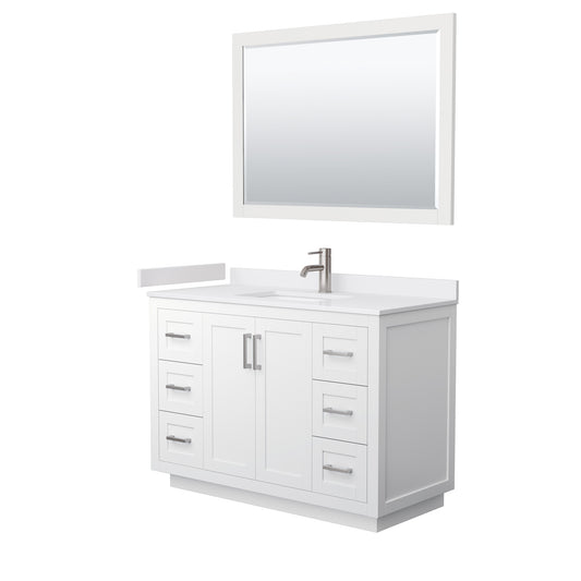 Miranda 48" Single Vanity in White, White Marble Top, Nickel Trim, 46" Mirror