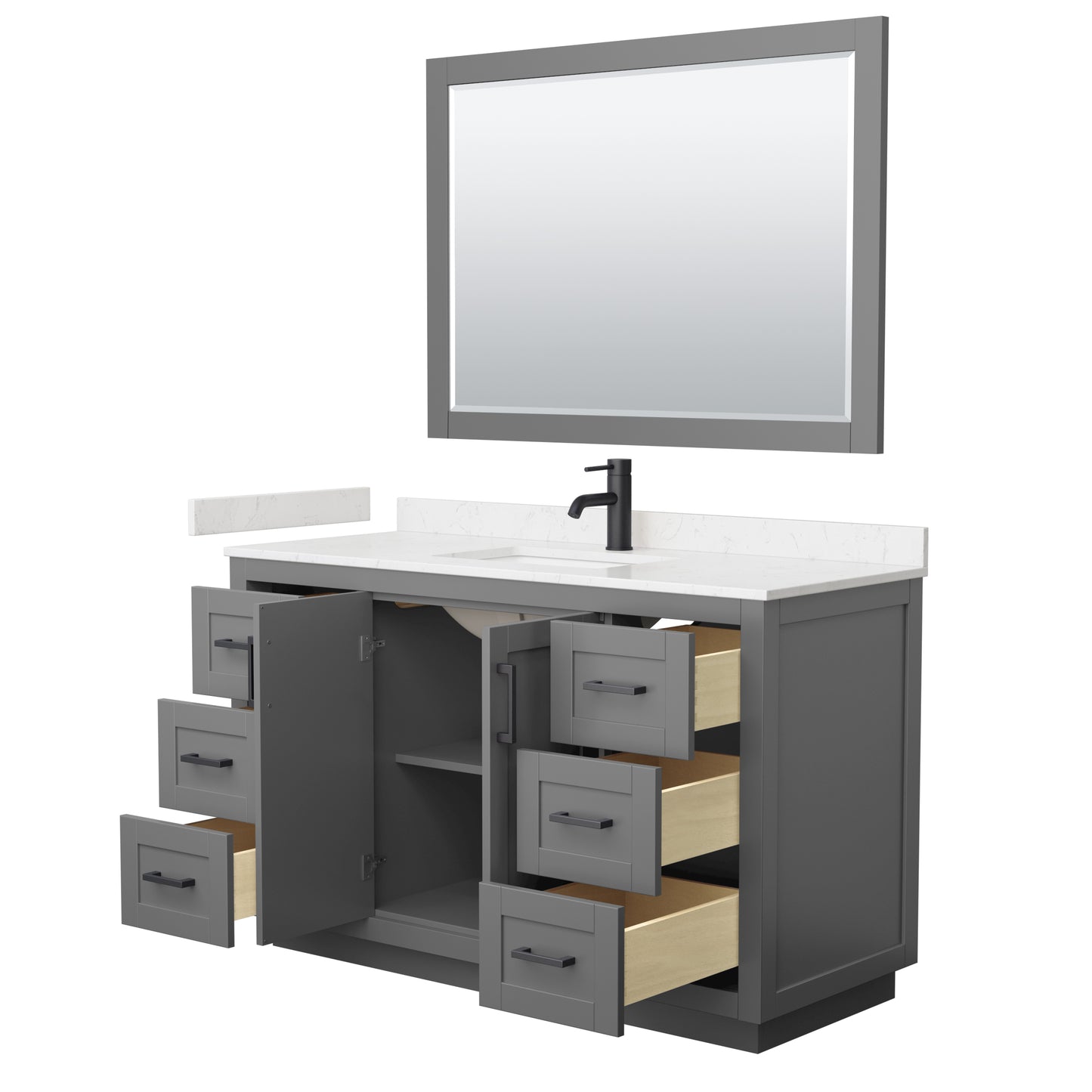 Miranda 54" Dark Gray Single Vanity, Carrara Marble Top, Black Trim, 46" Mirror