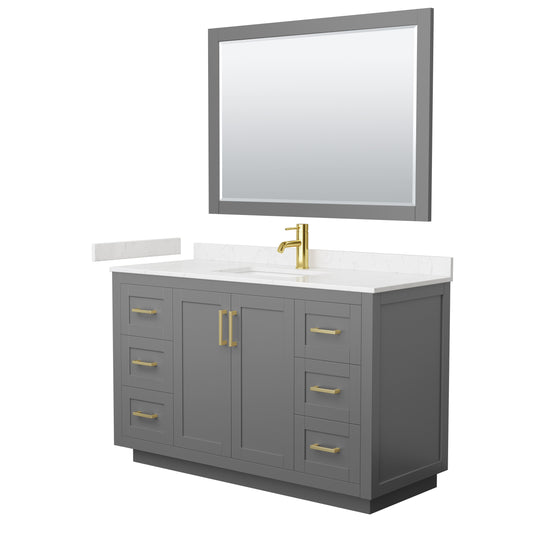Miranda 54" Dark Gray Single Vanity, Carrara Marble Top, Gold Trim, 46" Mirror
