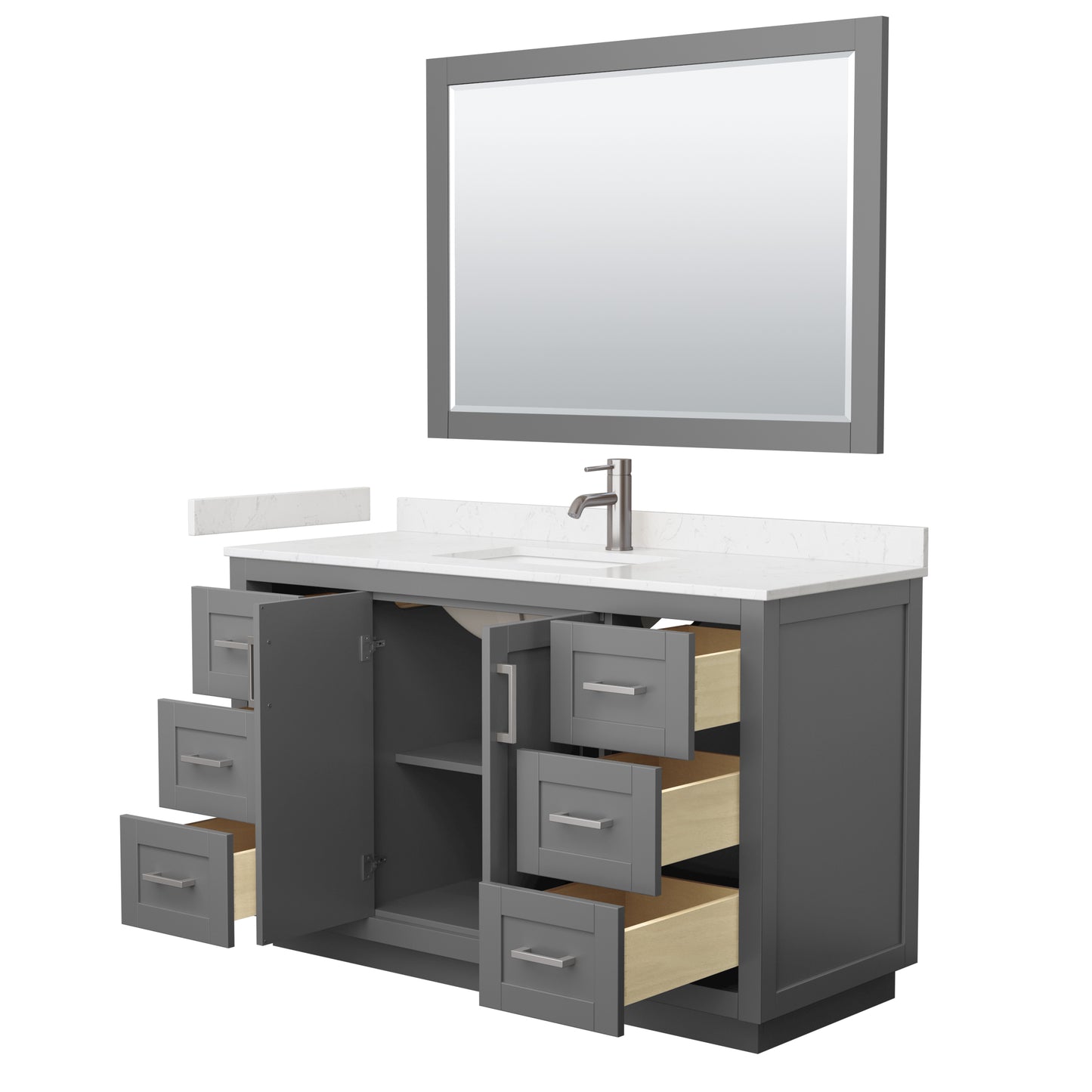 Miranda 54" Dark Gray Single Vanity, Carrara Marble Top, Nickel Trim, 46" Mirror
