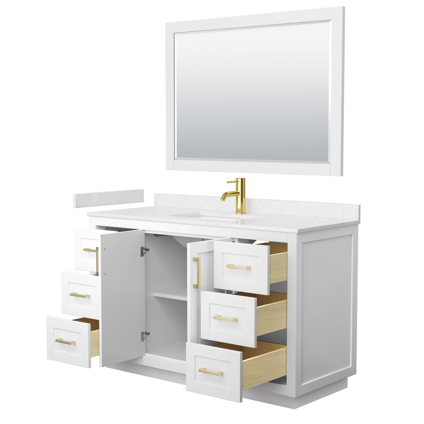 Miranda 54" Single Vanity in White, Carrara Marble Top, Gold Trim, 46" Mirror