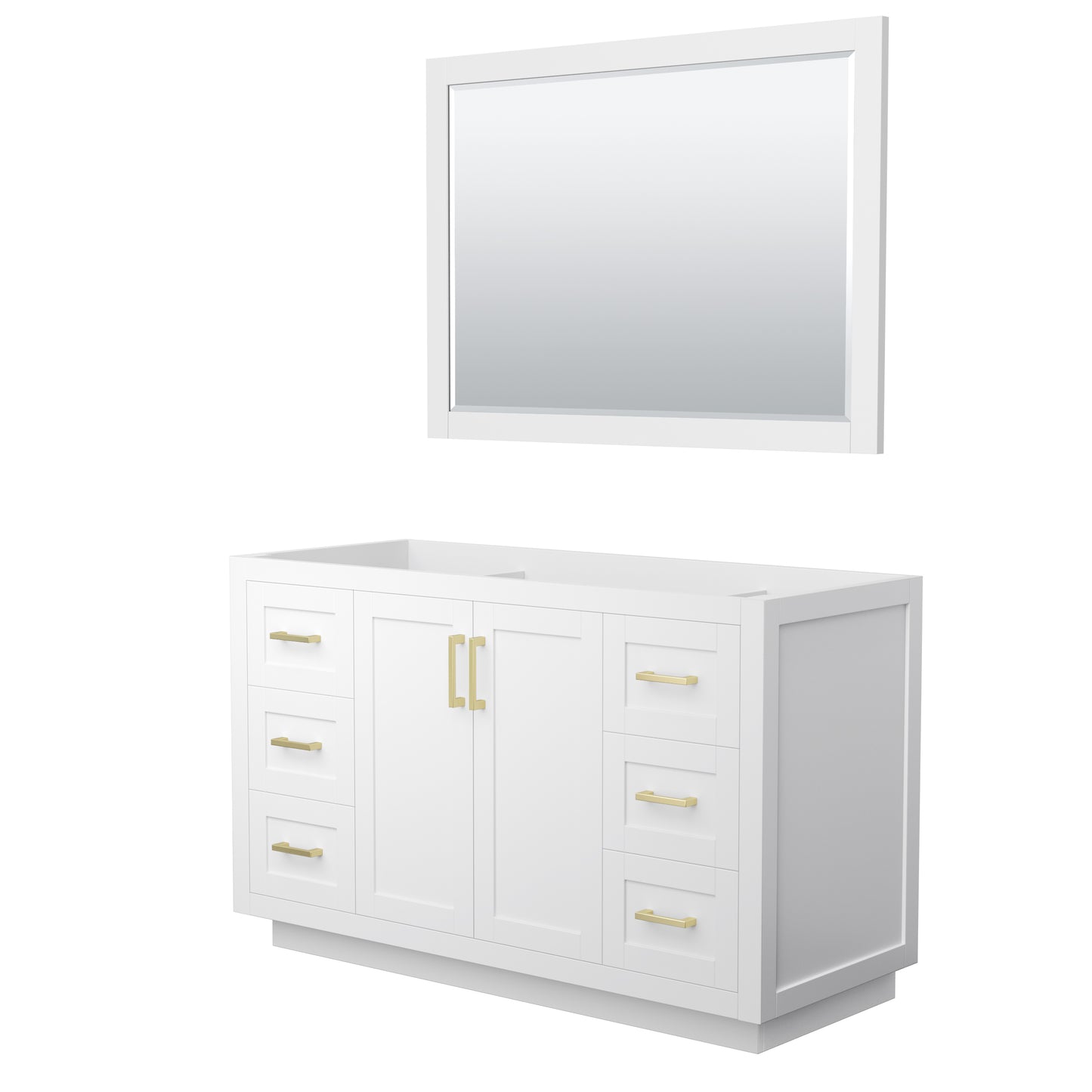 Miranda 54" Single Vanity in White, No Top, Bruished Gold Trim, 46" Mirror