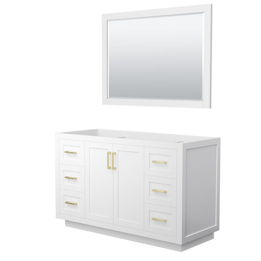 Miranda 54" Single Vanity in White, No Top, Bruished Gold Trim, 46" Mirror
