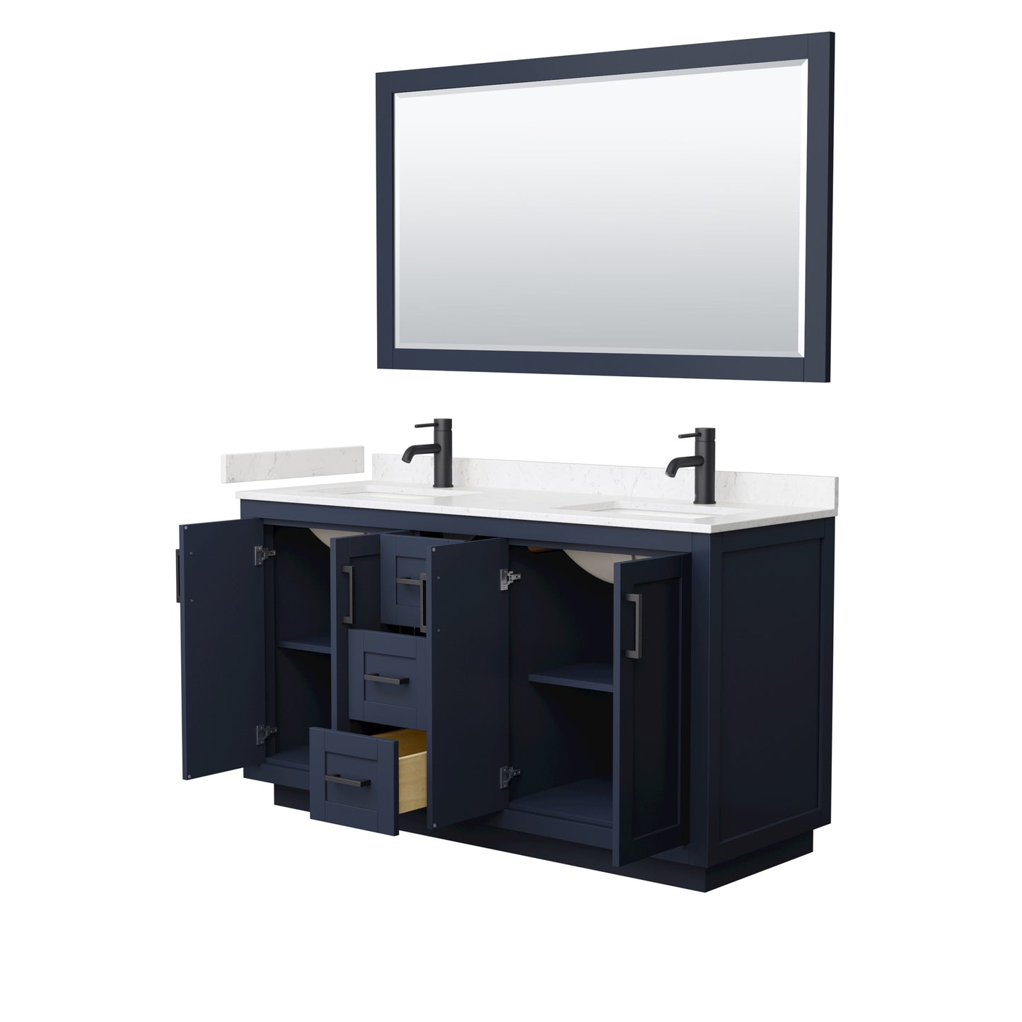 Miranda 60" Dark Blue Double Vanity, Carrara Marble Top, Black Trim, 58" Mirror