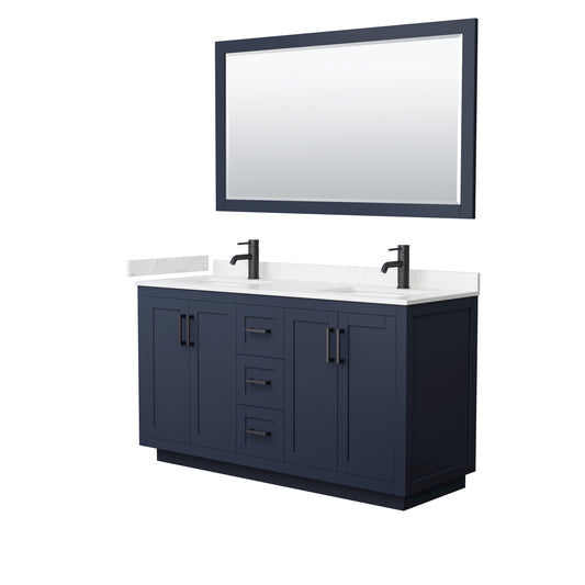 Miranda 60" Dark Blue Double Vanity, Carrara Marble Top, Black Trim, 58" Mirror