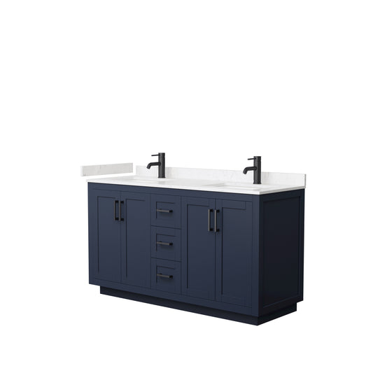 Miranda 60" Double Vanity in Dark Blue, Carrara Cultured Marble Top, Black Trim