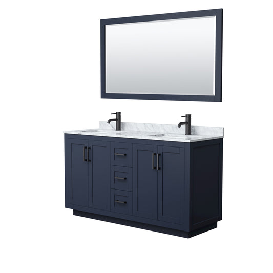 Miranda 60" Double Vanity in Dark Blue, Top, Square Matte Black Trim, 58" Mirror