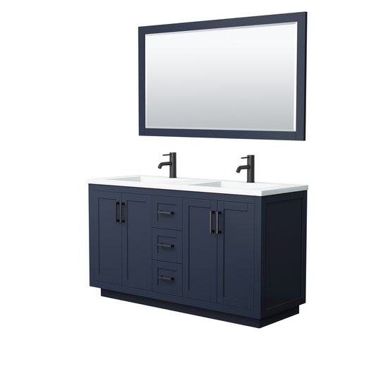 Miranda 60" Dark Blue Double Vanity, 1.25" White Top,  Black Trim, 58" Mirror
