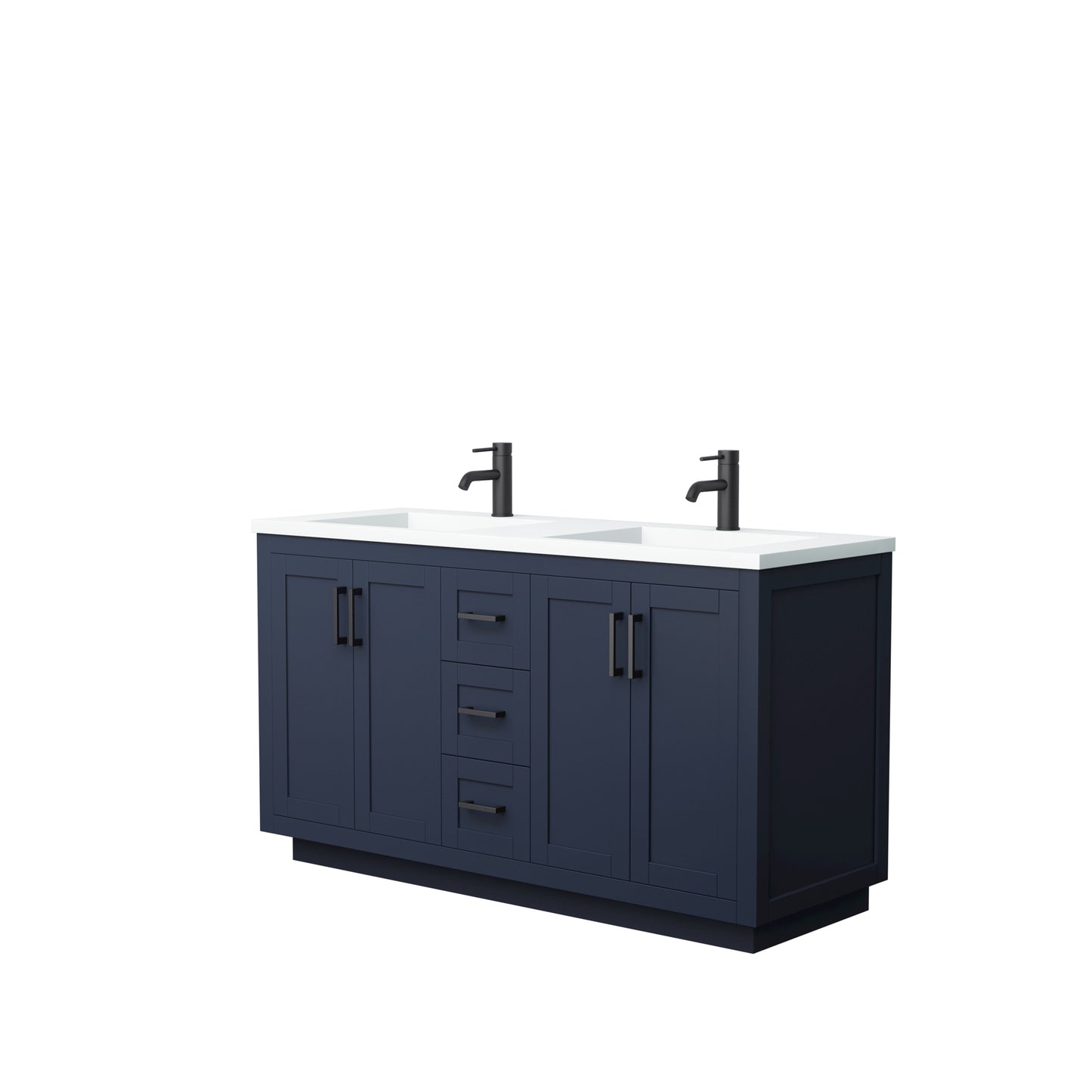 Miranda 60" Double Vanity in Dark Blue, 1.25" White Top, Integrated Black Trim