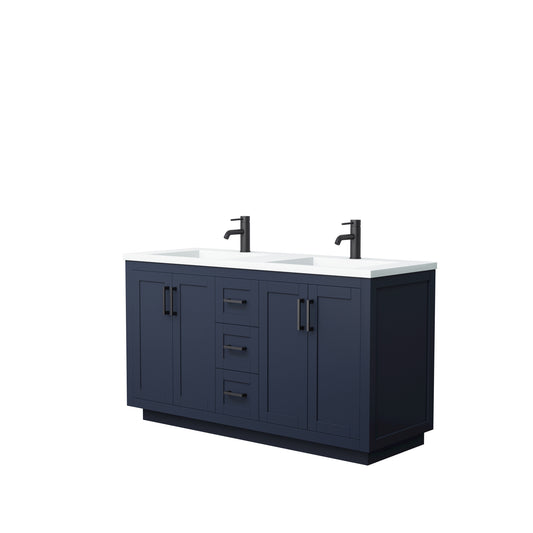 Miranda 60" Double Vanity in Dark Blue, 1.25" White Top, Integrated Black Trim