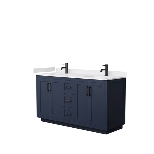 Miranda 60" Double Vanity in Dark Blue, White Cultured Marble Top, Black Trim