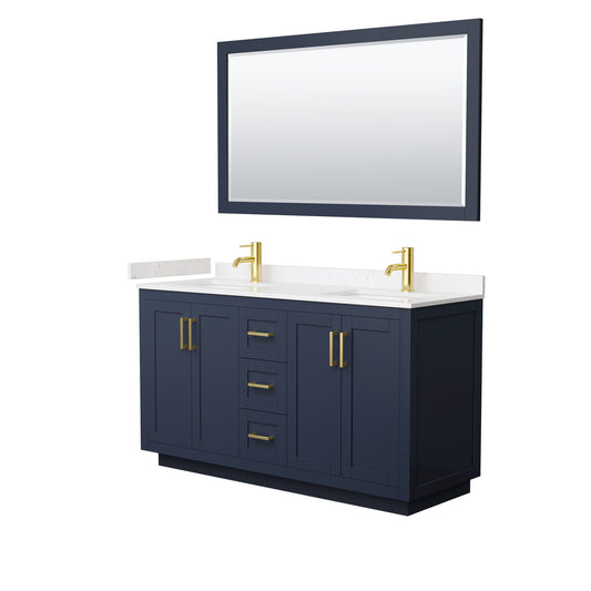Miranda 60" Dark Blue Double Vanity, Carrara Marble Top, Gold Trim, 58" Mirror