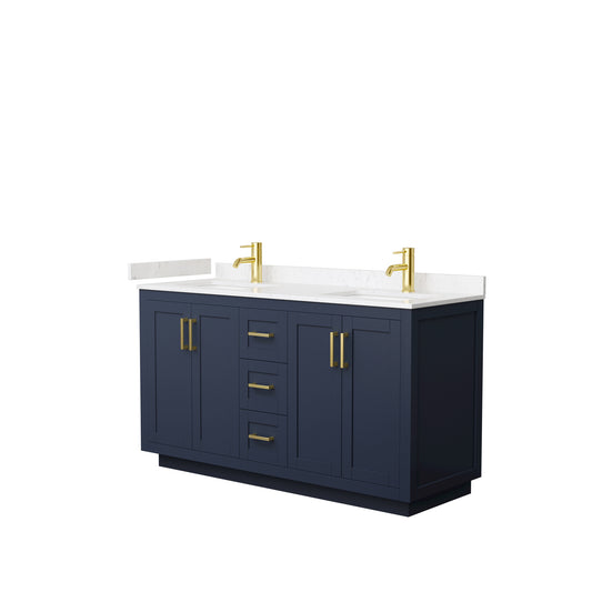 Miranda 60" Double Vanity in Dark Blue, Carrara Cultured Marble Top, Gold Trim