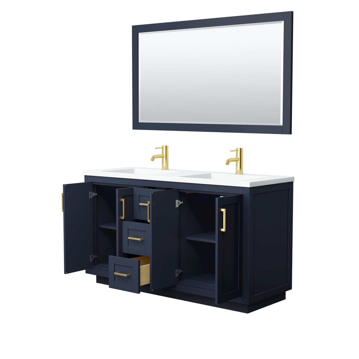 Miranda 60" Dark Blue Double Vanity, 1.25" White Top,  Gold Trim, 58" Mirror
