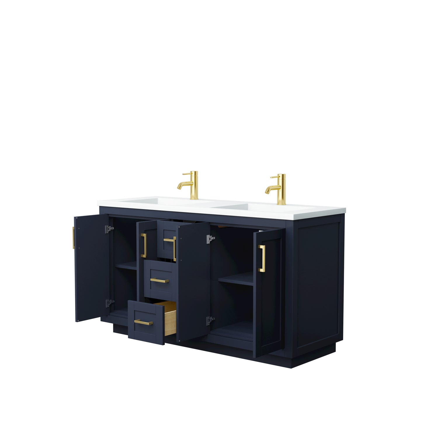 Miranda 60" Dark Blue Double Vanity, 1.25" White Top, Integrated Gold Trim