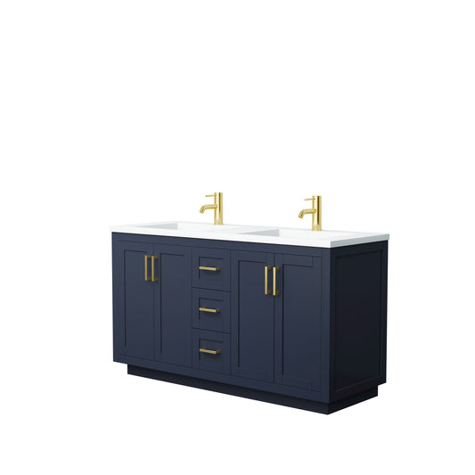Miranda 60" Dark Blue Double Vanity, 1.25" White Top, Integrated Gold Trim