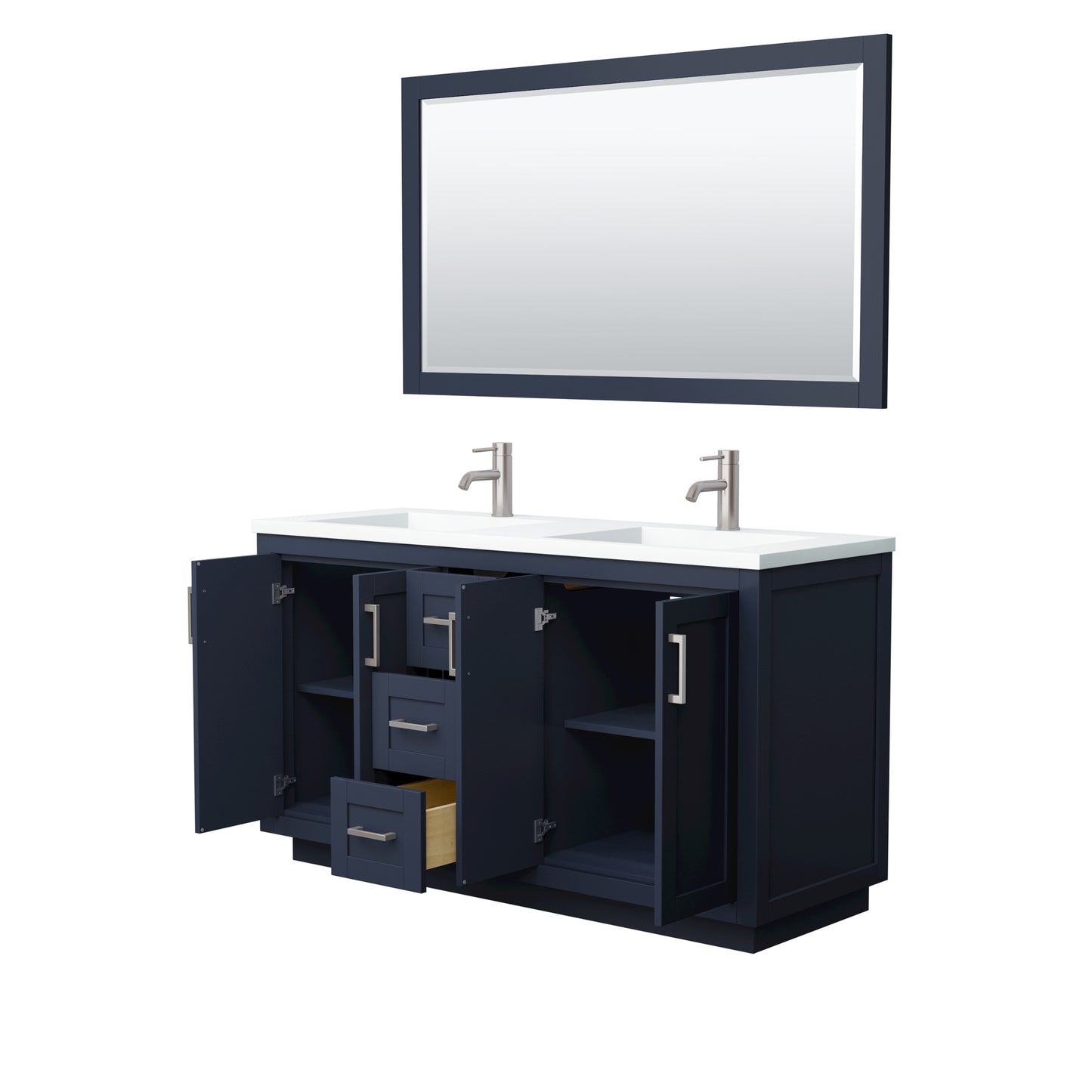 Miranda 60" Dark Blue Double Vanity, 1.25" White Top,  Nickel Trim, 58" Mirror