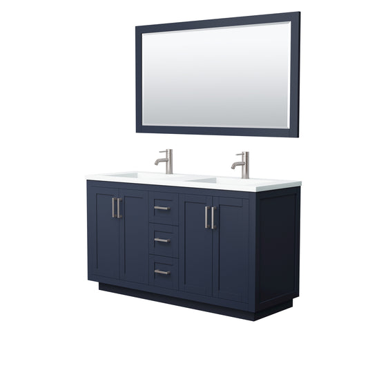 Miranda 60" Dark Blue Double Vanity, 1.25" White Top,  Nickel Trim, 58" Mirror