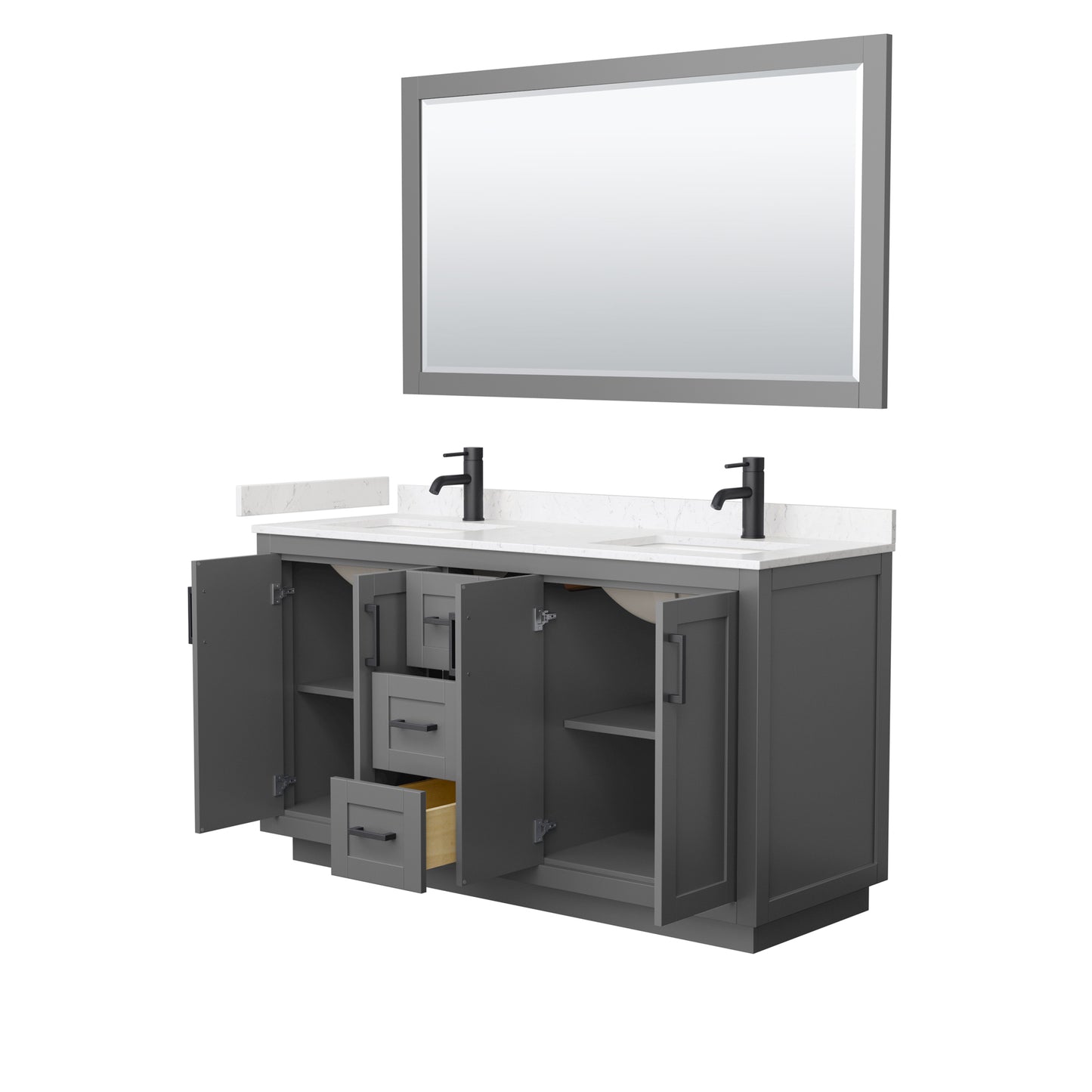 Miranda 60" Dark Gray Double Vanity, Carrara Marble Top, Black Trim, 58" Mirror