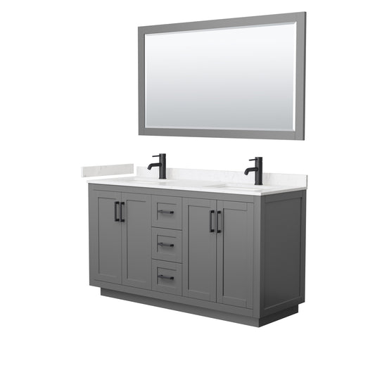 Miranda 60" Dark Gray Double Vanity, Carrara Marble Top, Black Trim, 58" Mirror