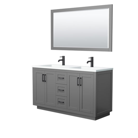 Miranda 60" Dark Gray Double Vanity, 1.25" White Top,  Black Trim, 58" Mirror