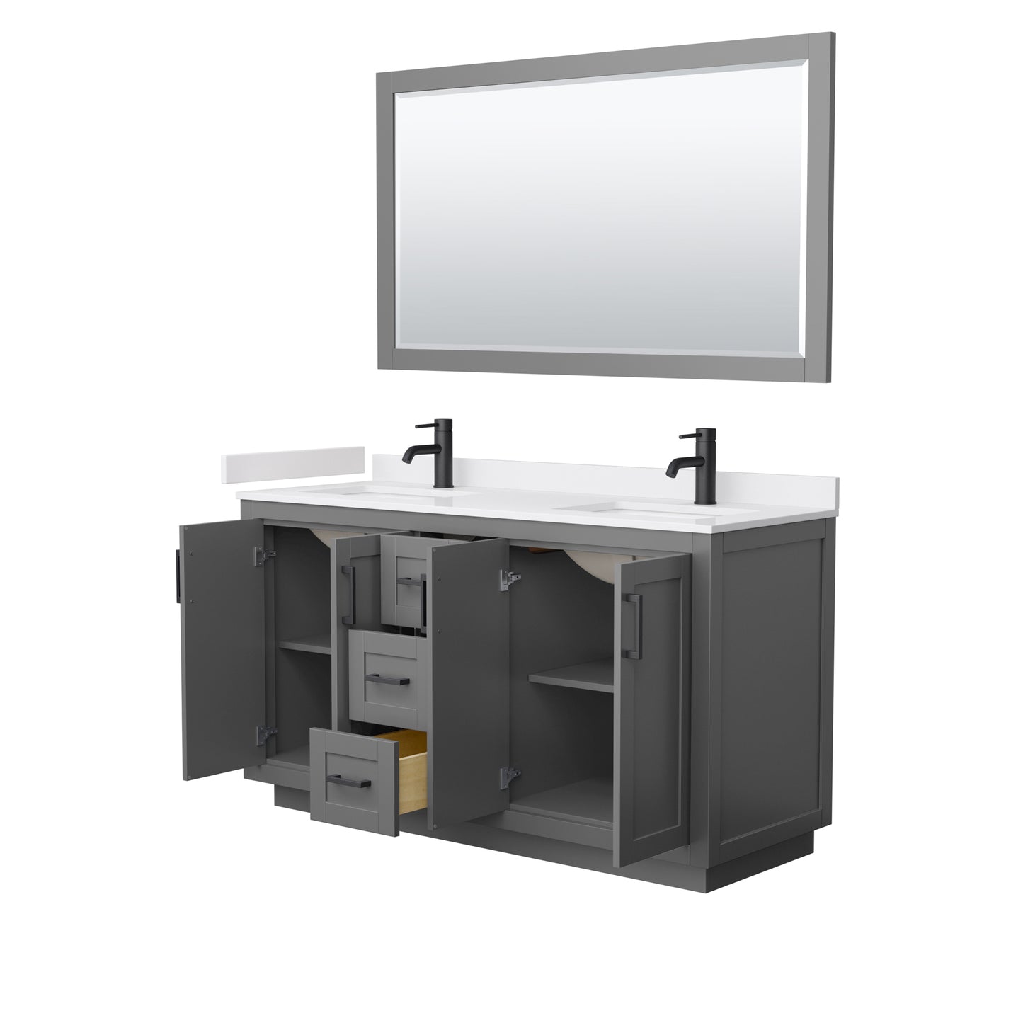Miranda 60" Double Vanity in Dark Gray, White Marble Top, Black Trim, 58" Mirror